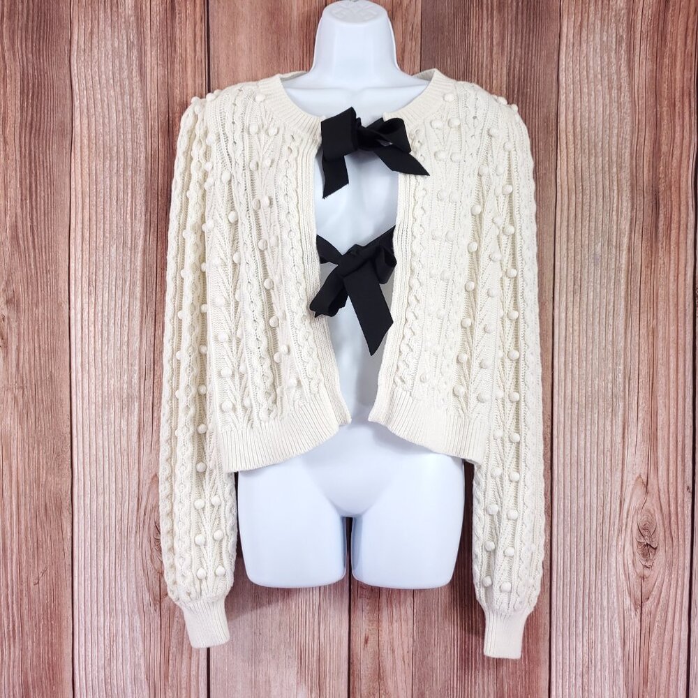Alice + Olivia Cream Cable Knit Cardigan with Black Ribbon Bows